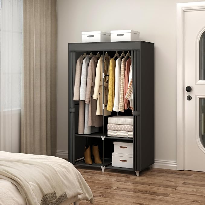 35“ Portable Closet Wardrobe for Small Room, Hanging Rods Shelves & Cover | 2 Clothes Hanging Rods, 4 Shelves and Non-Woven Fabric Cover