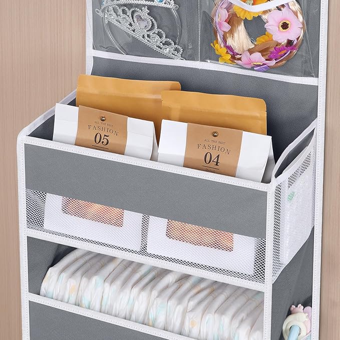 Univivi Over The Door Organizer, 5 Shelf Door Hanging Organizer Nursery Door Storage with 4 Large Compartments and 2 Small PVC Pockets 6 Side Pockets for Bathroom,Cosmetics and Nursery Baby Essential