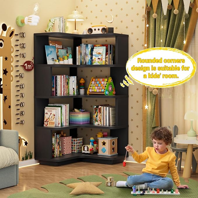 Armocity Corner Book Shelf - 5 Tier Corner Bookshelf Etagere Bookcase with Baffle, Freestanding L Shaped Display Shelf Stand for Home Office, Living Room, Bedroom, Kitchen, Black