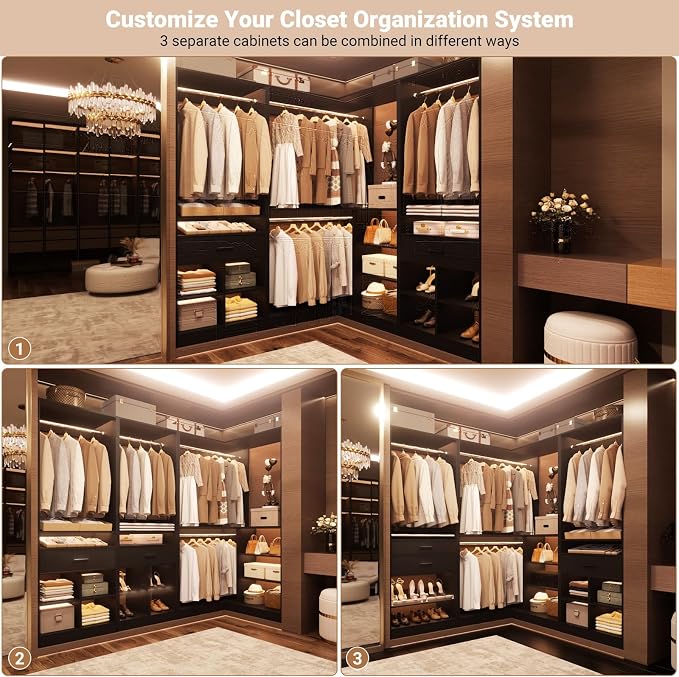 Unikito 86" Corner Closet System, Modular Closets Organizer with 4 Hanging Rods & Corner Tower, Freestanding L-Shaped Walk-In Wardrobe Organizer, Set of 3, Black