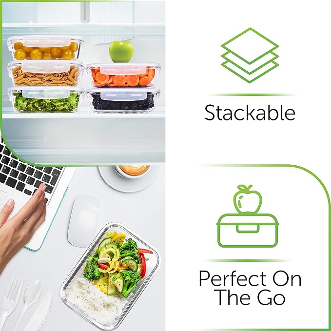 PrepNaturals 8 Pack 36 Oz Glass Meal Prep Containers - Dishwasher Microwave Freezer Oven Safe - Glass Storage Containers with Lids (Multi-Compartment) | Square Borosilicate Glass Meal Prep Containers - Airtight Leak-Resistant Lids, Microwave, Oven & Fr...