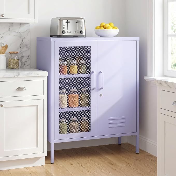 Purple Metal Storage Cabinet with Adjustable Shelf, Lockable 2 Door Sideboard, Multipurpose Widened Storage Locker for Kitchen Home Bedroom Living Room Office 33" H X 29.5" W X 13.8" D
