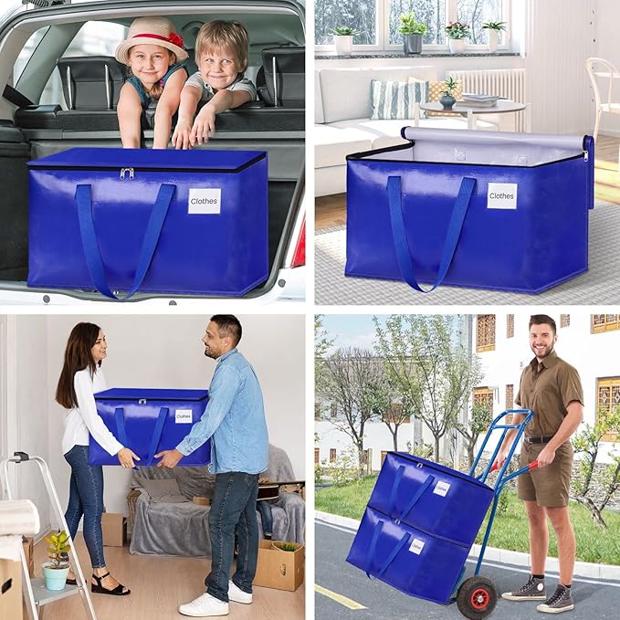Moving Bags, Storage Bags with Sturdy Handles and Heavy Duty Zippers, Storage Totes for Space Saving, Moving & Storage, Collapsible Moving Supplies(125L, 4-Pack, Blue)