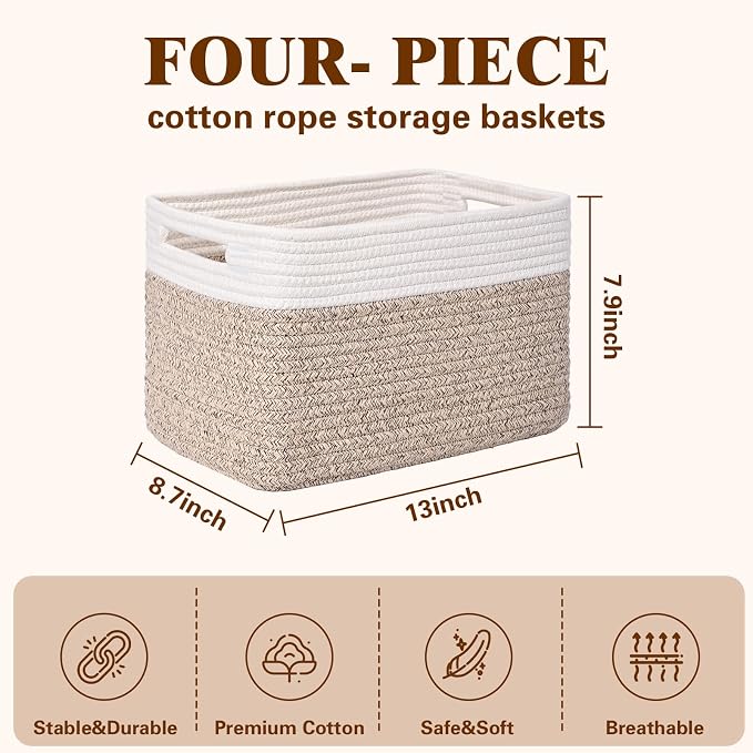 Storage Baskets for Organizing, 4 Pack Baskets for Shelves, Decorative Storage Bins for Shelves, Cotton Rope Storage Basket with Handles, Woven Basket for Storage, 13''Lx8.7''Wx7.9''H, White & Brown