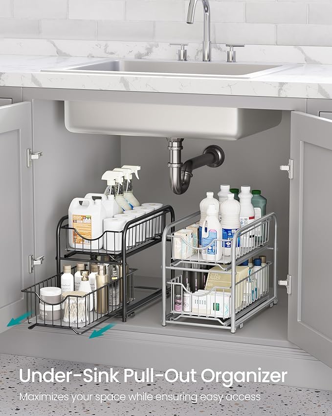 SONGMICS 2-Tier Pull Out Cabinet Organizers, Under Sink Organizer, Bathroom Organizer and Storage, Sliding Basket Drawers, Stackable for Kitchen, Bathroom, Ink Black UKCS017B01