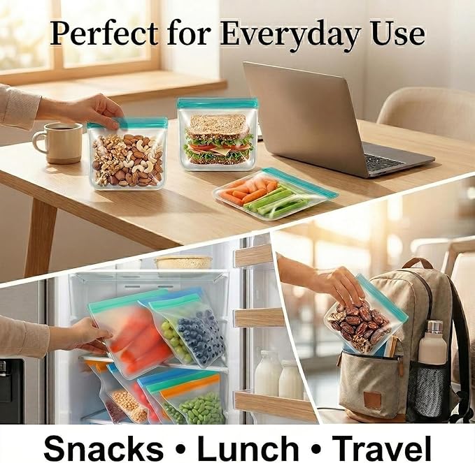 10 Pack Reusable Silicone Food Storage Bags - Leakproof Freezer Bags for Sandwich & Snack - BPA Free, Dishwasher Safe Eco-friendly Lunch Bags for Marinating Meat, Fruit, Travel | 8.6"W × 5.3"H