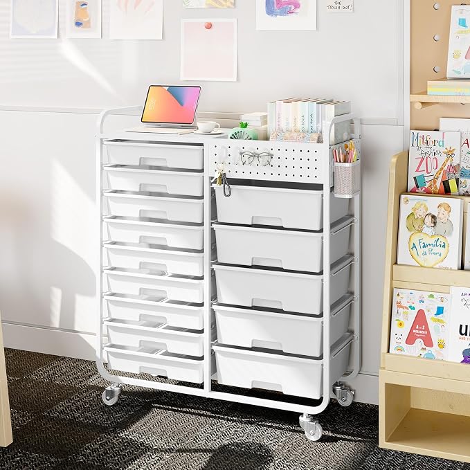 Rolling Storage Cart with 14 Drawers, Storage Organizer Cart with Tabletop and Pegboard,Utility Cart for Living Room, Classroom, Bedroom,Bathroom,Dorm,Office (White)