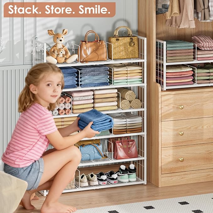 Hongtamoya Stackable Closet Storage Shelf with Adjustable Divider | Closet Organizer and Storage Container for Clothe, Jean Pant Shirt Sweater Purse Shoe, Use in Bedroom RV Closet System, White