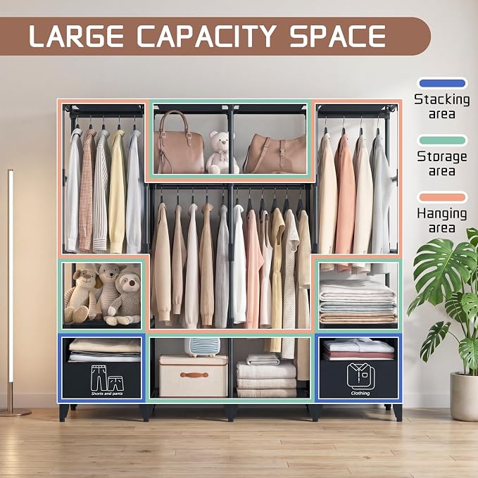 LOKEME Portable Closet,Sturdy Stable Large Capacity Wardrobe Closet,Clothes Rack with Shelves,2 Folding Areas,6 Storage Areas,4 Hanging Areas,Suitable for Bedrooms and Dormitory,66.5in Black