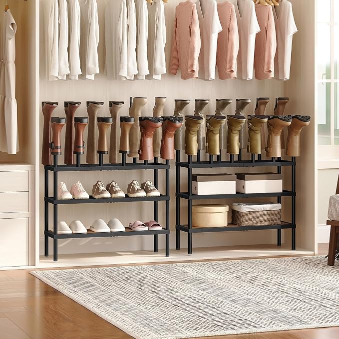 YATINEY Shoe and Boot Rack Organizer, Tall Boots Rack for Closet, Cowboy Shoes Storage, 4 Tier Shoe Racks Organizer Holds 14 Pairs, Black and Rustic Brown SS29BR