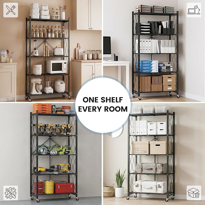 ALANNG 70.7" H Metal Storage Shelves, 5 Tier Folding Shelf on Wheels | Heavy Duty, No Assembly, Rolling, Collapsible Rack Unit for Kitchen, Basement, Pantry (Black,3 Pack)
