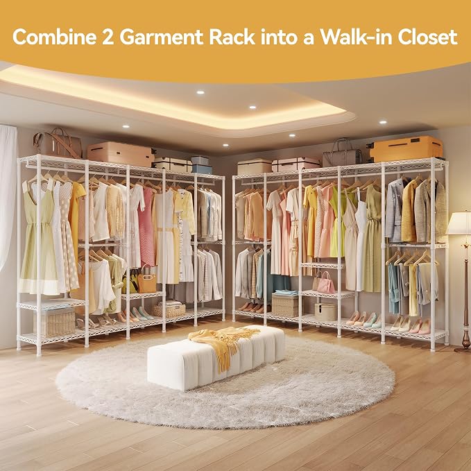 Higeego H5 Extra Large Heavy Duty Clothes Rack, Wire Garment Rack, Freestanding Clothing Rack for Hanging Clothes, Wardrobe Closet with Adjustable Shelf, 93.3" Wx15.7 Dx75.4 H, White, Load 1400 lbs