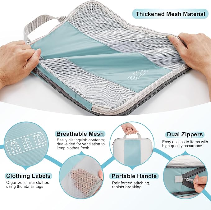 OlarHike 10 Set Compression Packing Cubes for Travel Essentials,Compressible Expandable Space Saver Bags for Organizing Clothes,Luggage Suitcase Garment Bags with Over 1000 pcs Mesh Holes(Blue Gray)
