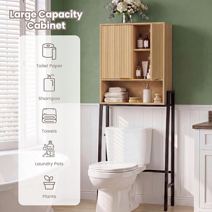 25" W Over The Toilet Storage Cabinet with Fluted Door,Bathroom Organizers and Storage with Adjustable Shelves, Modern Over Toilet Organizer for Bathroom,Restroom,Laundry,Oak