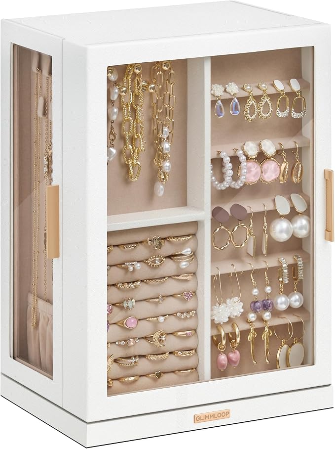 Glimmloop 360° Rotating Jewelry Box with 7 Drawers, Spacious Vertical Jewelry Organizer with Glass Window, Jewelry Storage Case, Dustproof & Moisture-resistant Design, White