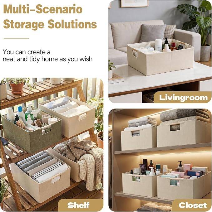 Foldable Fabric Storage Basket for Shelves, Linen Decorative Storage Bin with Wooden Handles, Small Organizer Cube for Closet, Rectangle Canvas Box for Organizing, Decor, 15x10.6x6 Inches (Brown)