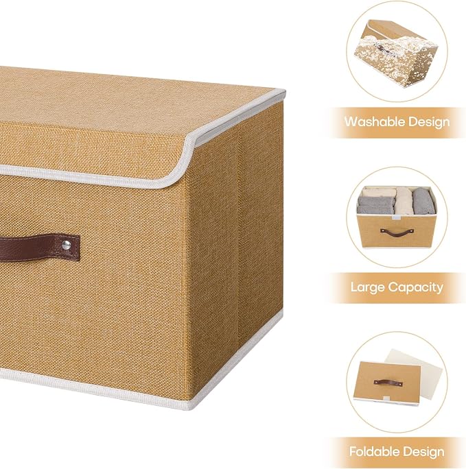 ANMINY Storage Bin with Lid Storage Boxes with PU Leather Handles PP Plastic Board Decorative Foldable Lidded Cotton Linen Fabric Home Cubes Baskets Closet Organizer Container - Khaki, Medium
