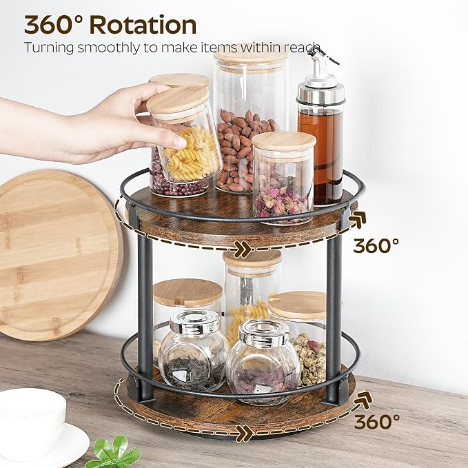 YATINEY Spice Rack, Set of 2 Lazy Susan Organizer, 2-Tier Turntable Organizer, Rotating Spice Rack Organizer For Cabinet, Compact and Versatile, for Kitchen Countertop, Rustic Brown SR22L2BR