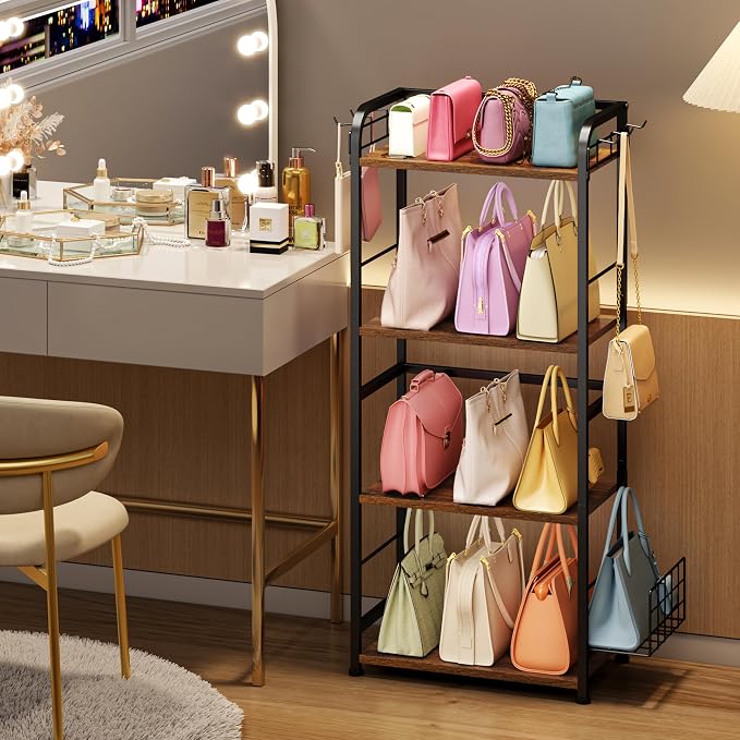 koozuuyk 4-Tier Purse Organizer for Closet with 3 Side Hooks and 2 Baskets, High Capacity Purse Rack Stand for Purse Storage, Metal & Wood Handbag Holder for Handbag Organizer, Patent Pending
