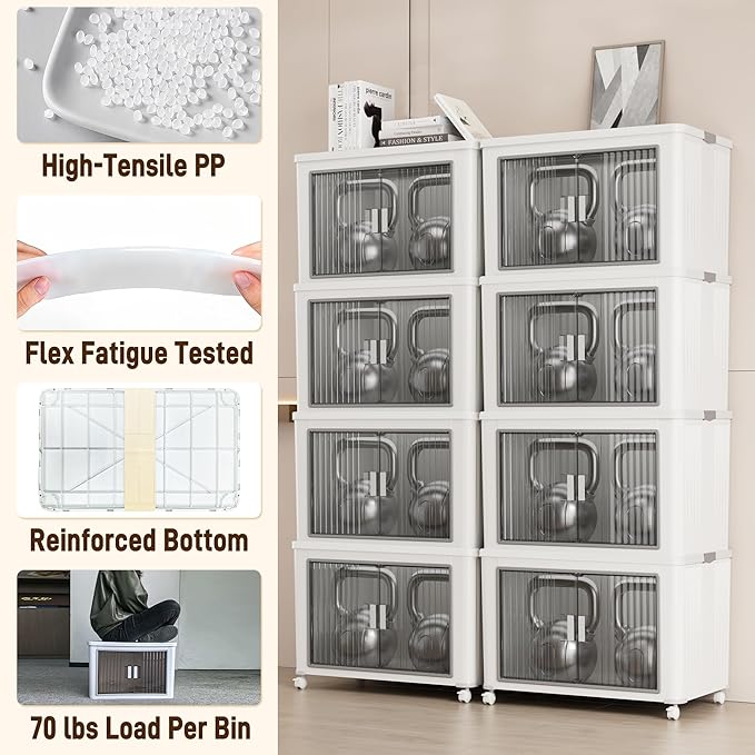 Folding Storage Bins with Lids, 4-Pack Top & Front Opening Stackable Organizer, Total 280qt, for Bedroom Living Room Kitchen Office Bathroom, White, 22"x13.6"x13.8" Each