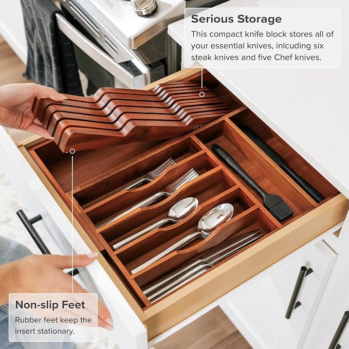 KitchenEdge In-Drawer Knife Block Holder, 11 Slots, Acacia | Fits most knife sizes, rubber feet, food-safe finish