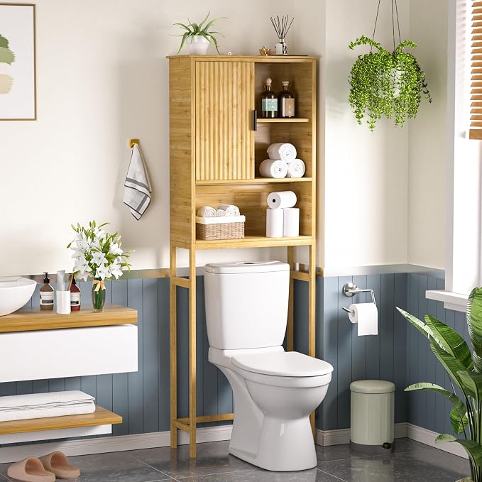 Yardenaler Over The Toilet Storage Cabinet with Fluted Doors, Bathroom Over Toilet Rack with Adjustable Shelf Bamboo FreeStanding Space-Saving Storage Organizer, Natural
