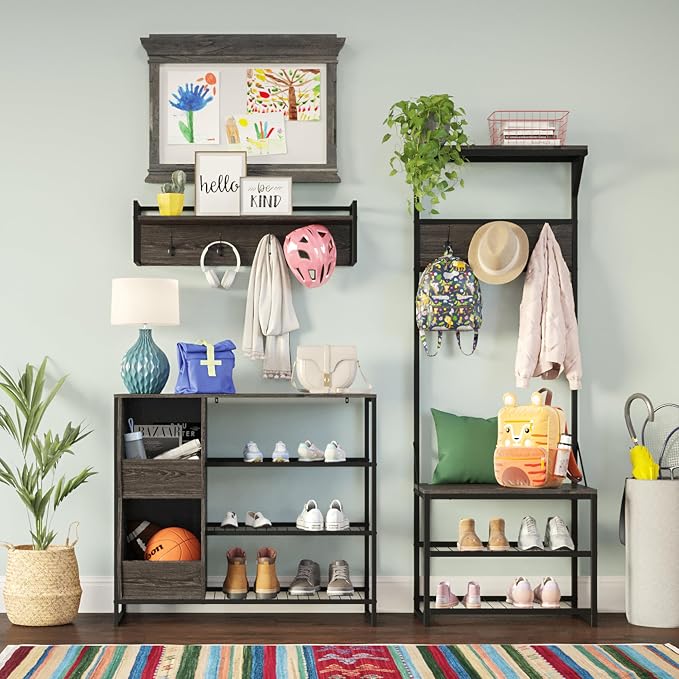 RiverRidge Afton Shoe Storage Organizer, Black Frame + Weathered Woodgrain | Versatile Entrway Shoe Rack with 3 Metal Shelves, and 2 Cubby Bins