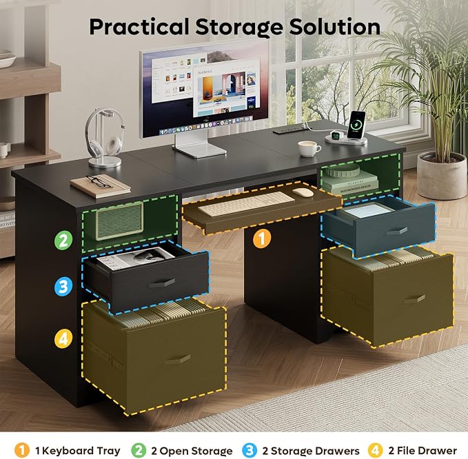 Bestier 59” Computer Desk with 4 Drawers, Charging Station, Black | Office Desk with Storage, Modern Executive Desk with Keyboard Tray & Wooden Pedestals on Both Sides for Home Office & Studio