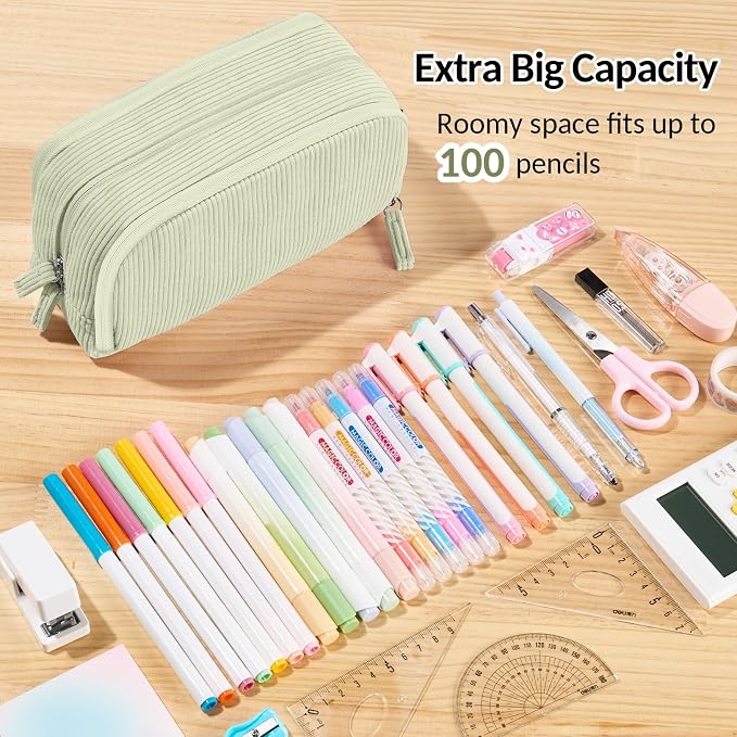 Sooez Big Capacity Pencil Case Pen Pouch, Soft Corduroy Pencil Bag with 3 Compartment, Multiple Pockets, Sturdy Zipper, Cute School Supplies Pen Bag Organizer For Teen Girls College, Green