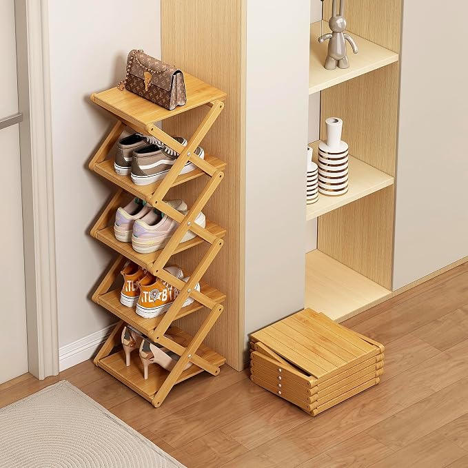 Bamboo Shoe Rack - No Assembly Required, Tall Narrow Foldable Shoe Organizer, Space-Saving Multifunctional Shelf for Entryways, Corners, Bedrooms, Balconies, 6 Layer(Reinforced and Thickened)