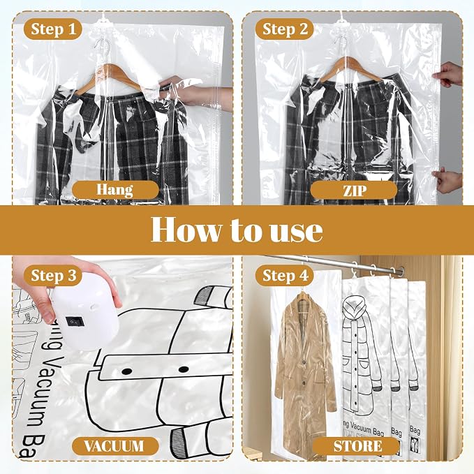 Ptwola 8 Pack Hanging Vacuum Sealer Storage Bags Reusable Space Saver Compressed Bags Closet Organizer Moving Travel Supplies for Clothes Coats Suits Dress Jackets Bedding Comforters Blankets