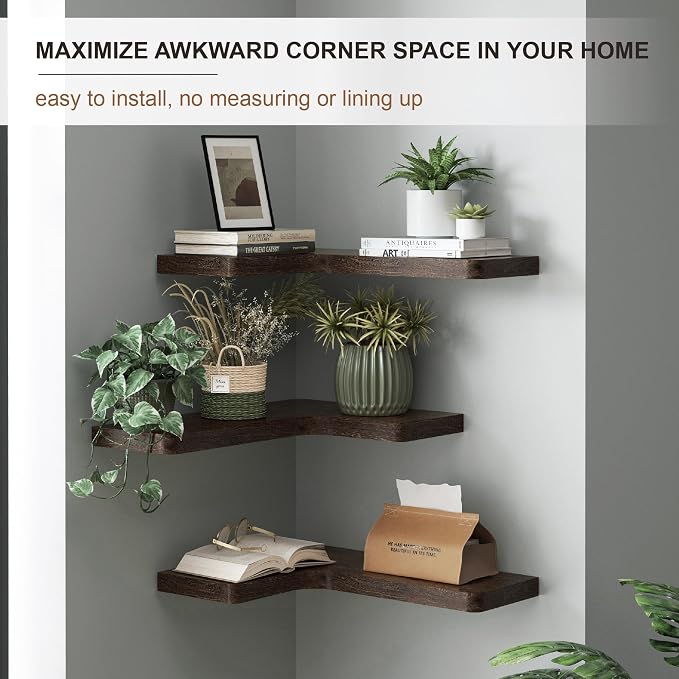 fuqing Floating Corner Shelves, Wall Shelf Set of 3, Shelves for Wall Storage, Solid Wood Shelves for Storage, Wall Mount Wooden Display Shelf for Bathroom Bedroom Kitchen Garage, Rustic Brown