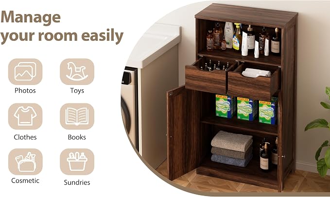 Walsunny Floor Storage Cabinet, Organizer with Doors and Drawers, Freestanding Side Cupboard Pantry with Adjustable Shelf for Bathroom/Living Room, Walnut Brown