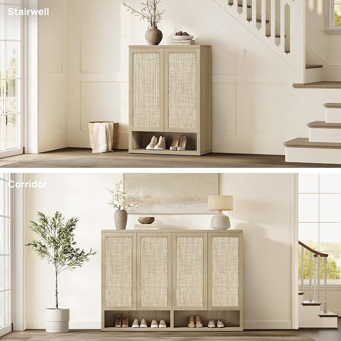 SICOTAS 96.8" Wide Tall Rattan Shoe Storage Cabinet for Entryway with Doors | Rattan Shoe Cabinets with Doors, Space Saving Free Standing Tall Shoe Cabinet Storage Organizer for Entryways, Hallway, Home