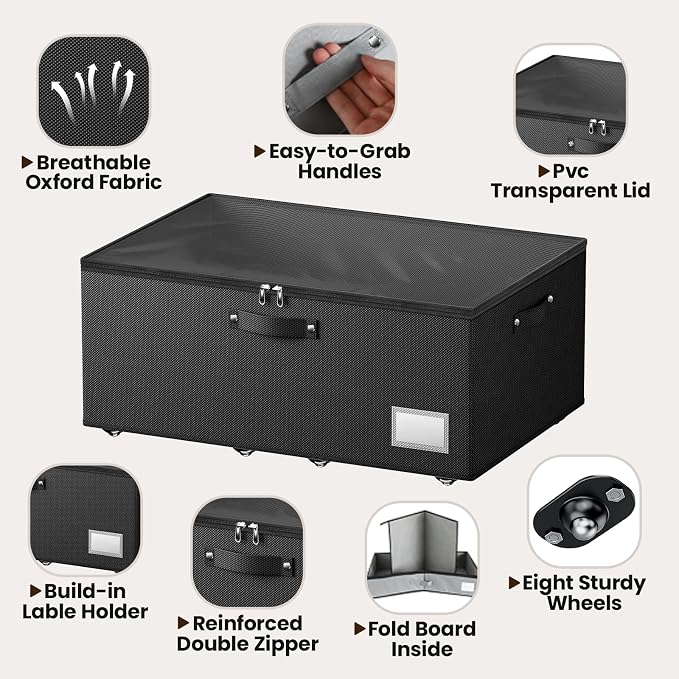 Dayacoco Under Bed Storage With Wheels,10in Underbed Storage Containers 65L | Large Capacity Underbed Storage, No Assembly Required Rolling Under Bed Storage for Clothes Blankets Shoes Black