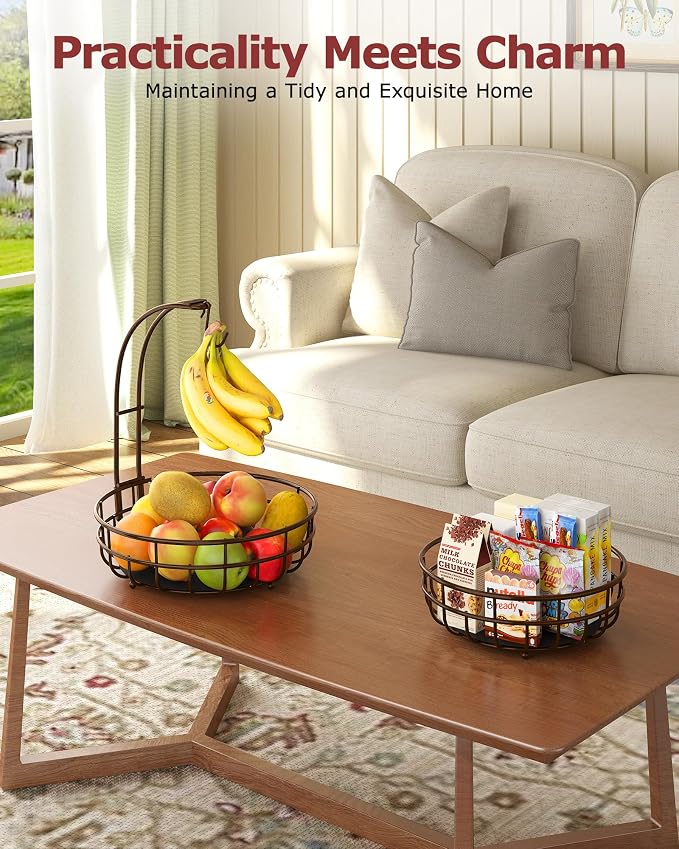 Sevenblue 2 Tier Modern Fruit Basket for Kitchen, Brown, Extra Large | Space-Saving Vertical Storage for Veggies, Bread, Snacks, Fits Under Cabinets, includes 2 banana hooks and protective mats