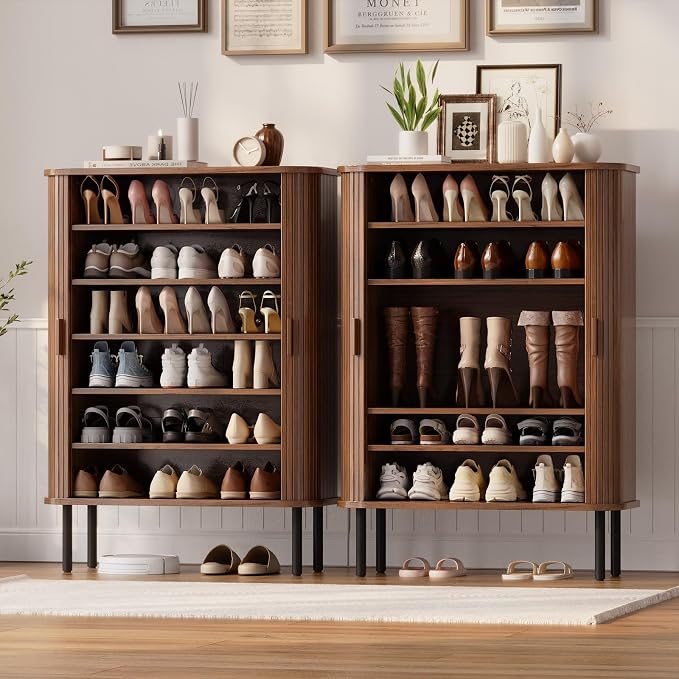ONBRILL 6-Tier Shoe Cabinet with Sliding Door, Wooden Shoe Storage Cabinet with Adjustable Shelves, Mid-Century Modern Freestanding Shoe Storage Organizer for Entryway, Hallway, Living Room, Walnut