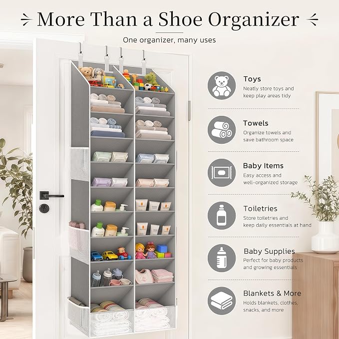 Criusia Over the Door Shoe Organizer, 20-30 Pairs Heavy-Duty Hanging Shoe Storage with Large Pockets, 10-Tier Door Shoe Rack with 4 Hooks for Sneakers Sandals Heels Boots (Gray)