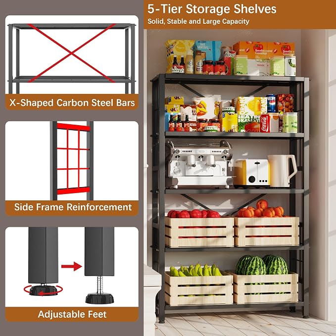GIOTORENT 5-Wire Heavy-Duty Shelf, Standing Storage Shelves, Metal Shelving Unit Pantry Rack, 1500LB Load Capacity, for Garage Kitchen Organizer (Black)