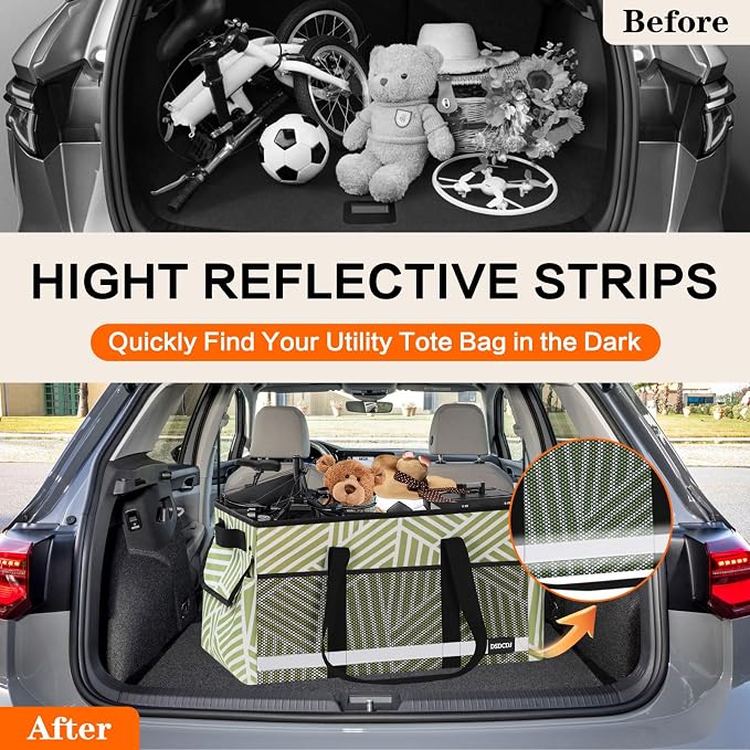 Upgrade Extra Large Utility Tote Bag with Reflective Strip, Standing Reusable Grocery Bags with Hard Bottom, Collapsible Utility Tote with Handles for Shopping, Beach, Picnics, Car, Twill Green
