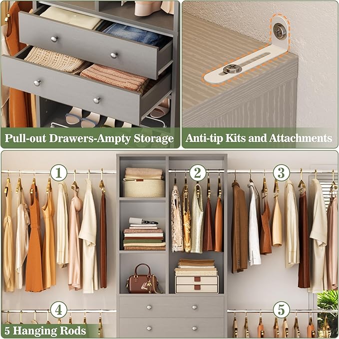 Besiost Closet System, 4.2–8.8 FT Closet Organizer with 2 Wooden Drawers and Shelves, Walk-in Closet System with 5 Hang Rods, Built-in Reach in Closet Tower, Can Fit 60 to 96 inch, Morandi Grey