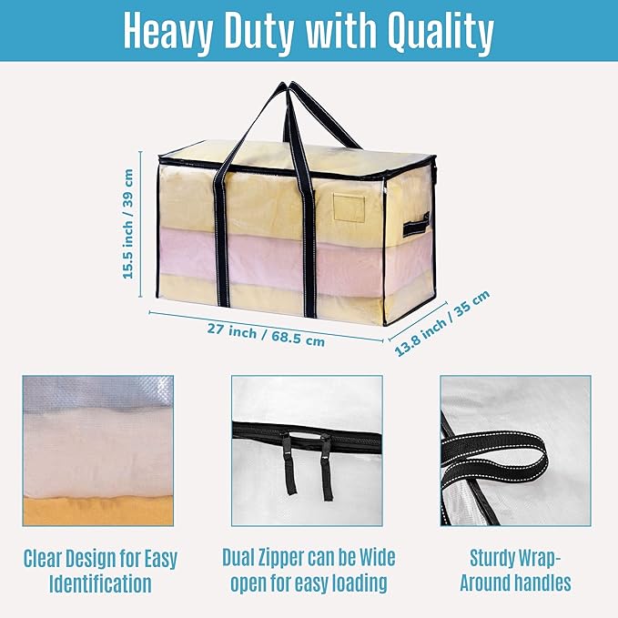 VENO 10 Pack Clear Moving Bags, 90L Extra Large Transparent Storage Totes, Heavy Duty 50lbs Load, Reinforced Handles, Zippers & Tag, See-Through Packing Boxes for Organizing Closet, Bedding, Clothes