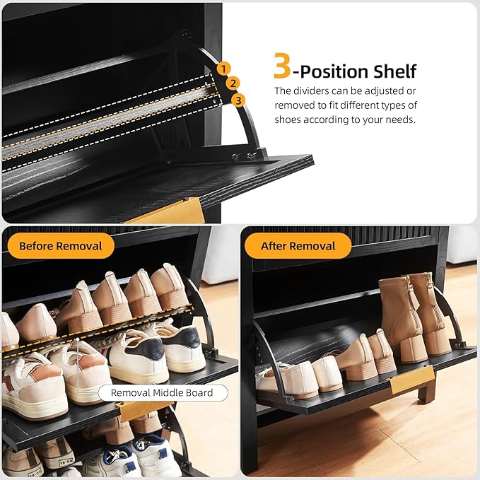 2 Flip Drawers Shoe Cabinet Storage for Entryway, Narrow Hidden Shoes Organizer for Front Door Entrance, Free Standing Shoes Cabinet Wooden Hallway Shoe Rack(Black)