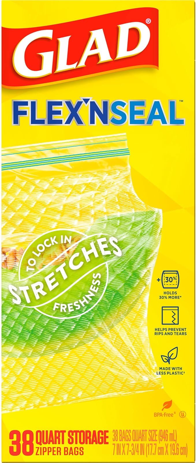 Glad Flex'N Seal Food Storage Plastic Bags, Quart, 38 count, Pack of 4 (Package May Vary)