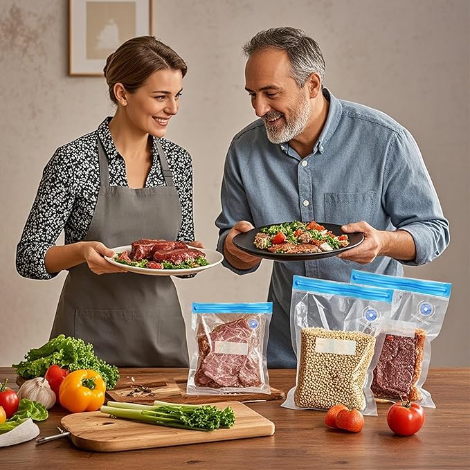 Sous Vide Bags 27Pcs, BPA Free Reusable, Double-Layered Food Storage (8.5 x 8.5 in) for Cooking, Food Storage, and Microwave Heating. Includes 20 Vacuum Zipper Bags, 2 Seal Clips, and 5 Air Valves.