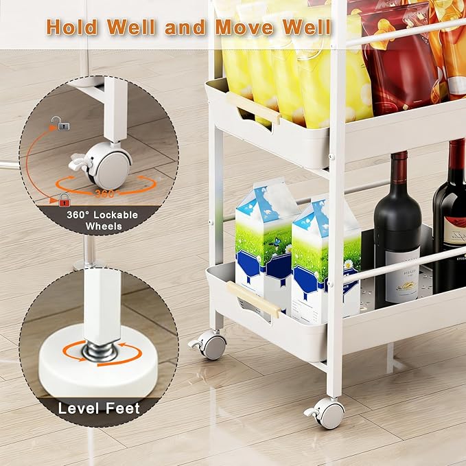6-Tier Slim Rolling Storage Cart with Wheels, Metal Organizer Tall Rolling Cart, Wood Top Narrow Mobile Utility Cart with Pull-Out Baskets for Kitchen, Bathroom, Laundry Room, 13in(W) White