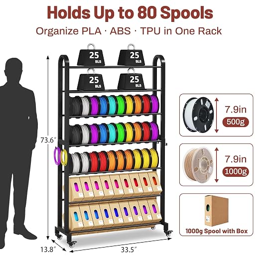 3D Printer Filament Storage Rack with Wheels, 5-Tier Adjustable Metal Shelf Holds 40 Spools, Mobile Filament Organizer with Hooks for PLA ABS TPU, 3D Printing Workspace & Studio
