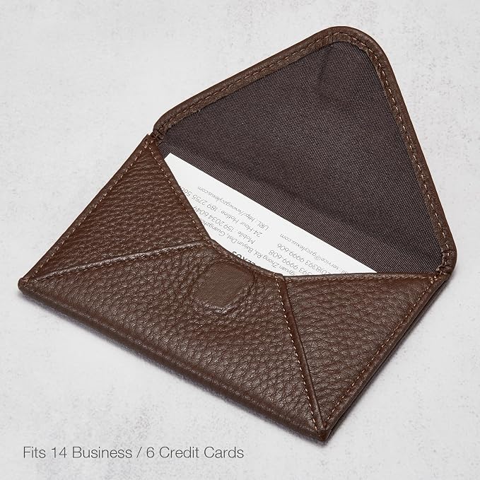 HISCOW Italian Pebbled Leather Business Card Holder, Minimalist Full Grain Envelope Card Case with Hidden Magnetic Closure, 0.19 Inch Slim Front Pocket Wallet for Men and Women, Chocolate