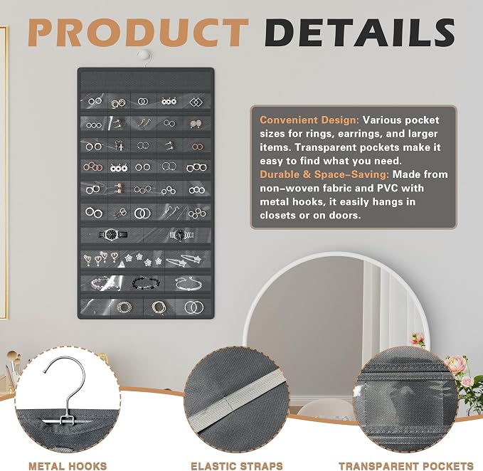 Hanging Jewelry Organizer, Double-Sided Necklaces Holder, Dark Gray | 42 clear pockets organize rings & earrings; 36 wire necklace hooks reduce tangles; top hook hangs in closets, walls or doors.