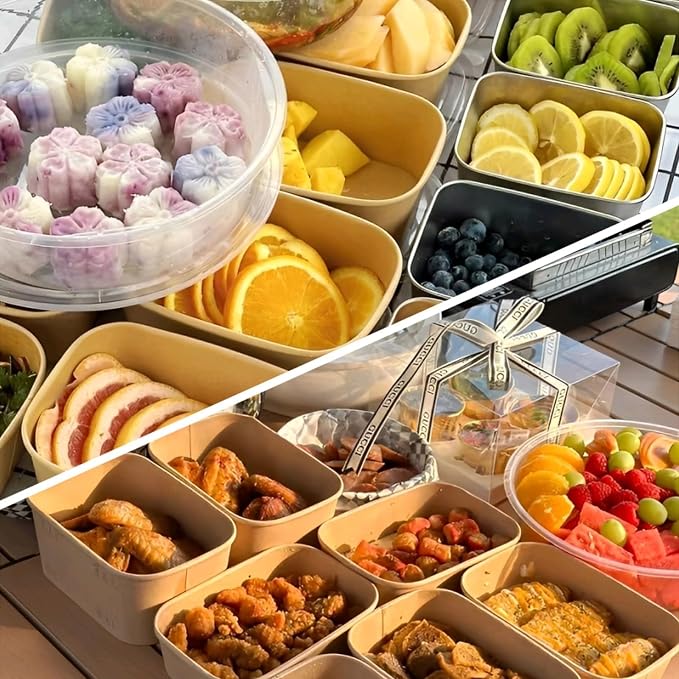 50 Pack Disposable Meal Prep Containers, 22oz Disposable Large Paper Bowls with Lids and Forks for Salad, Noodles, Freezer and Microwavable Storage Use Cardboard Food Containers